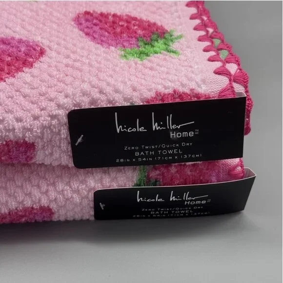 6pc Nicole Miller Pink Strawberry Bath Hand Fingertip Towel Set Textured Summer
